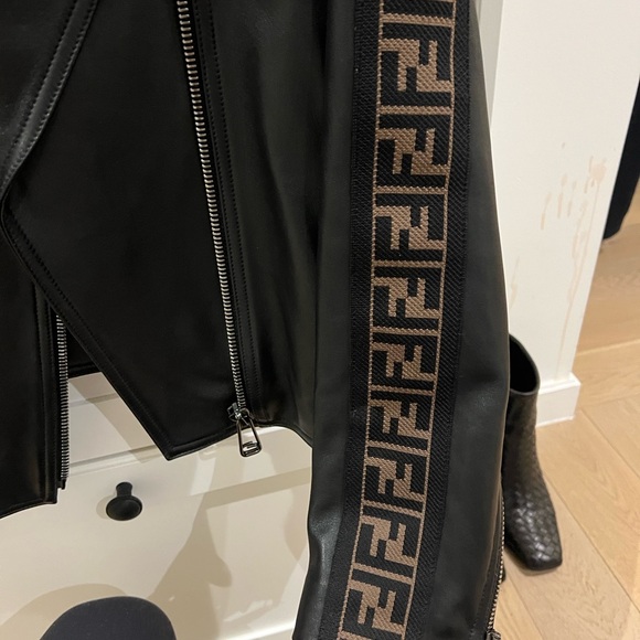 Fendi Black Leather Jacket with Brown Logo Accents (fits like a Medium/Large) - Picture 2 of 6